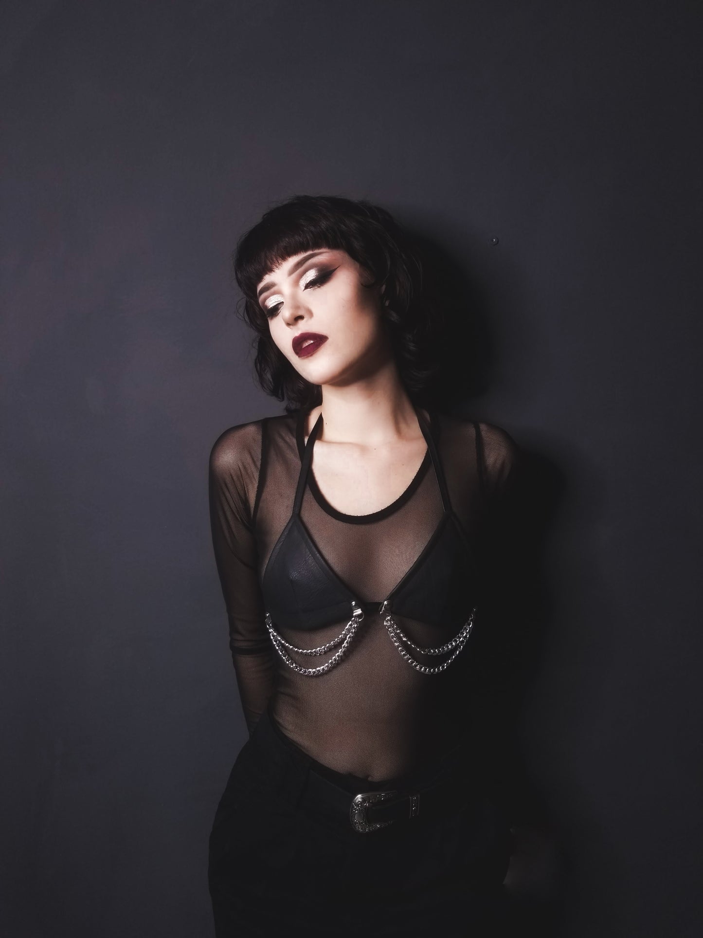 Black Leather Bra with Chains. Punk, goth or fetish fashion