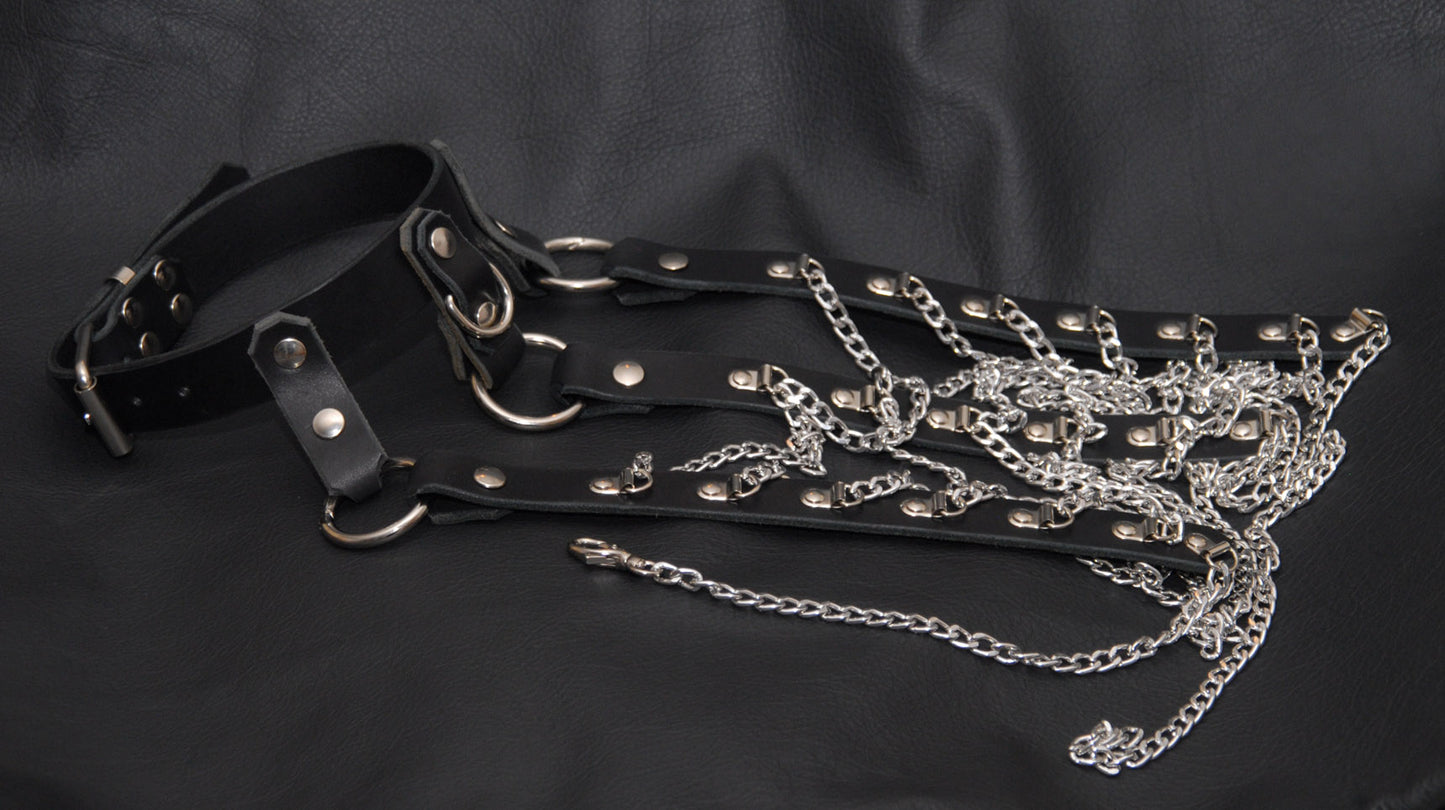 Black Leather Halter/Collar with Chains and D-ring - Bondage, Punk, Goth