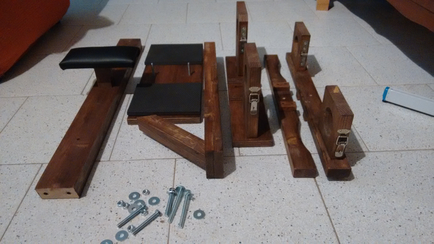 Fully demountable domination kneeling bench for bondage, ideal for easy storage.