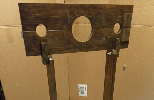 Wooden bondage pillory for BDSM dungeon play, fully demountable