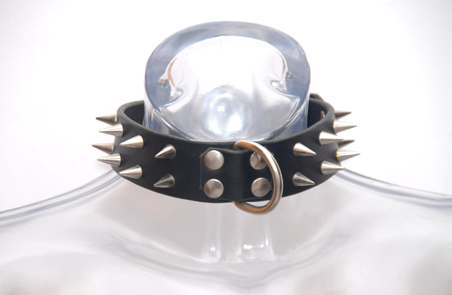 Bondage, Punk or Goth Collar with conic Spikes, D ring and roller buckle - Black Leather