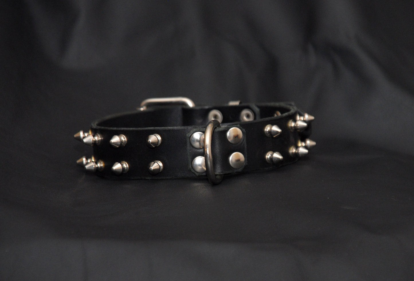 Bondage, Punk or Goth Collar with beveled Spikes, D ring and roller buckle - Black Leather