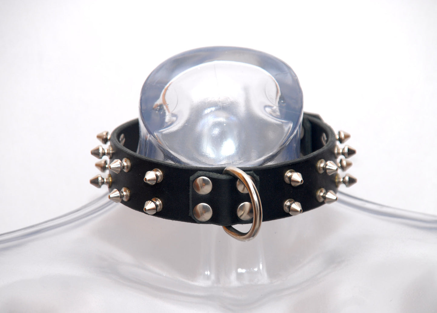 Bondage, Punk or Goth Collar with beveled Spikes, D ring and roller buckle - Black Leather