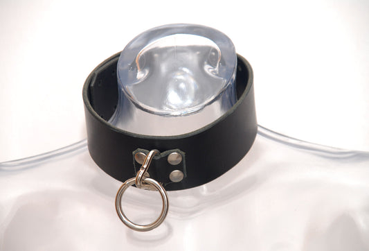 Black leather lockable bondage collar with dangling O-ring.