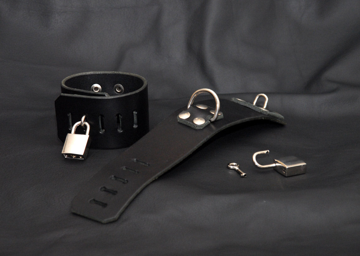 Bondage Lockable Restraints, Black Leather, BDSM