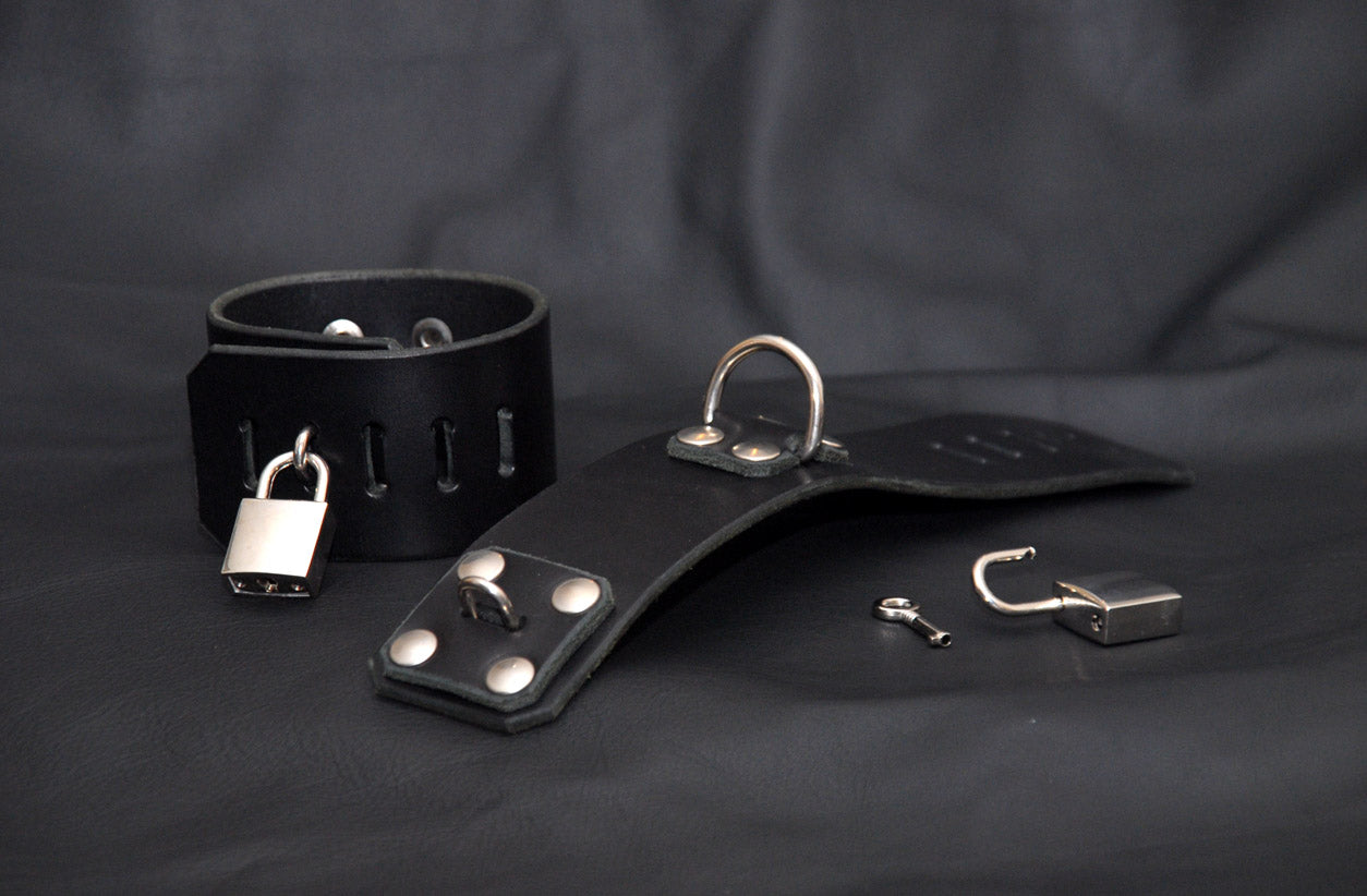 Bondage Lockable Restraints, Black Leather, BDSM