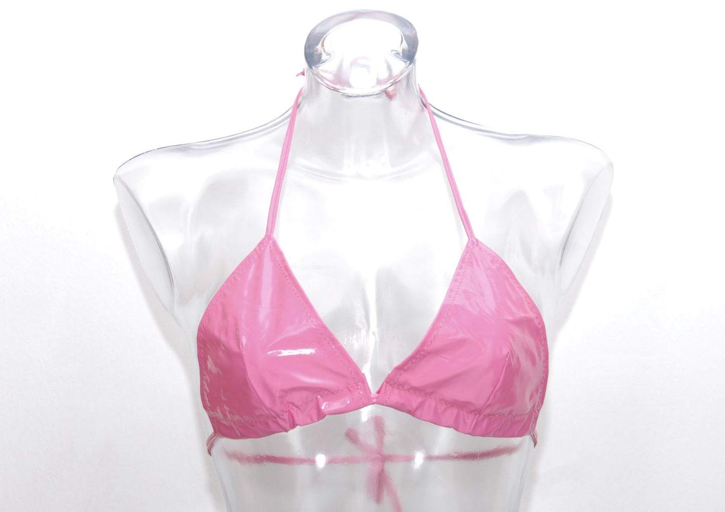 Pink Vinyl Bra, hand sewn, with cups size AA to DD and fully adjustable. Stretchy tissue. Fetish lingerie