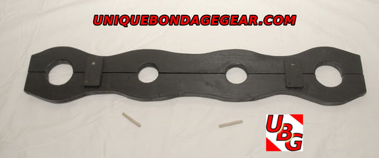 Black wooden BDSM stock with holes for wrists and ankles, 27mm thick fir wood, painted black.