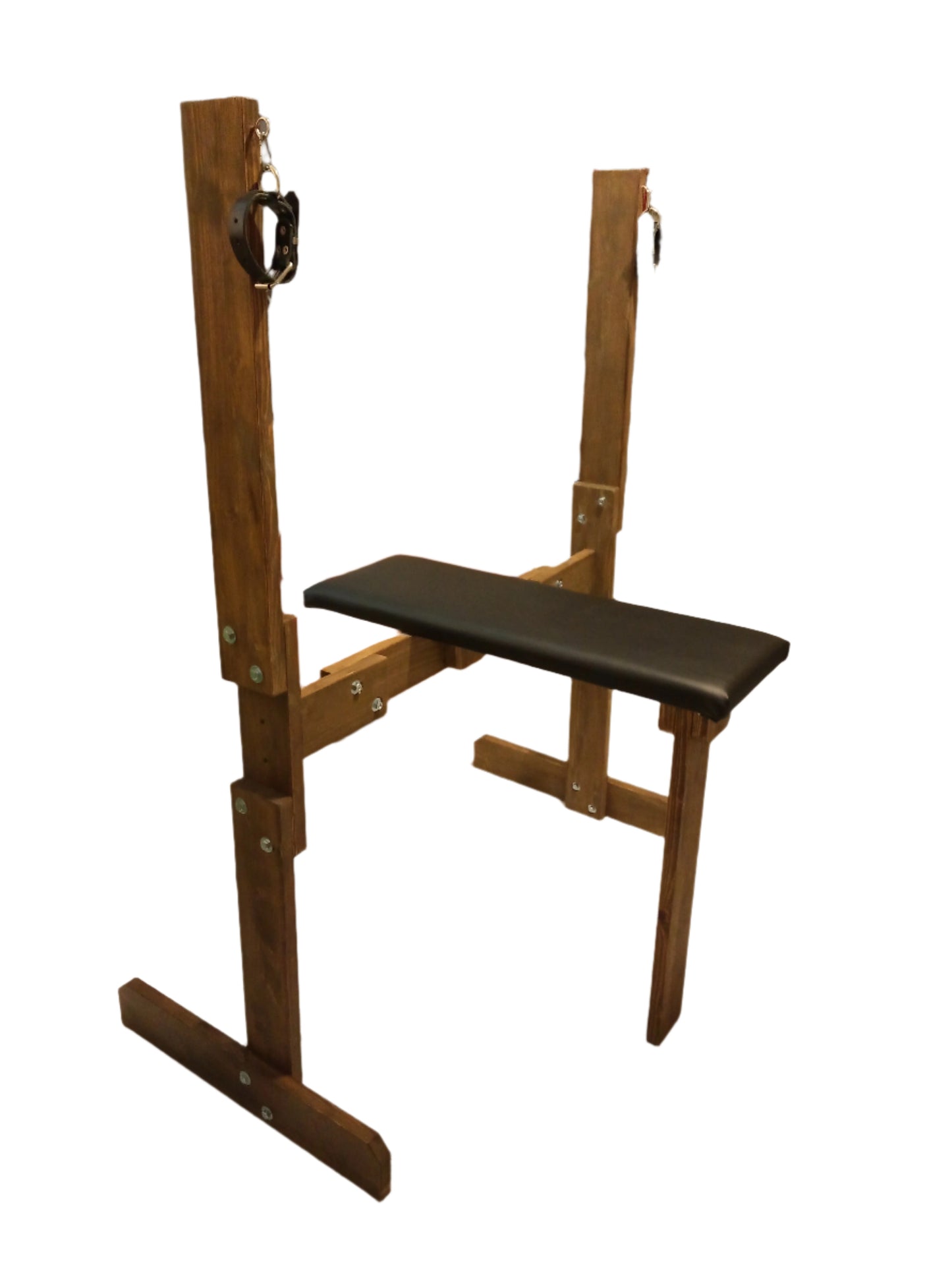 Sturdy wooden breeding bench in walnut finish for BDSM dungeon use