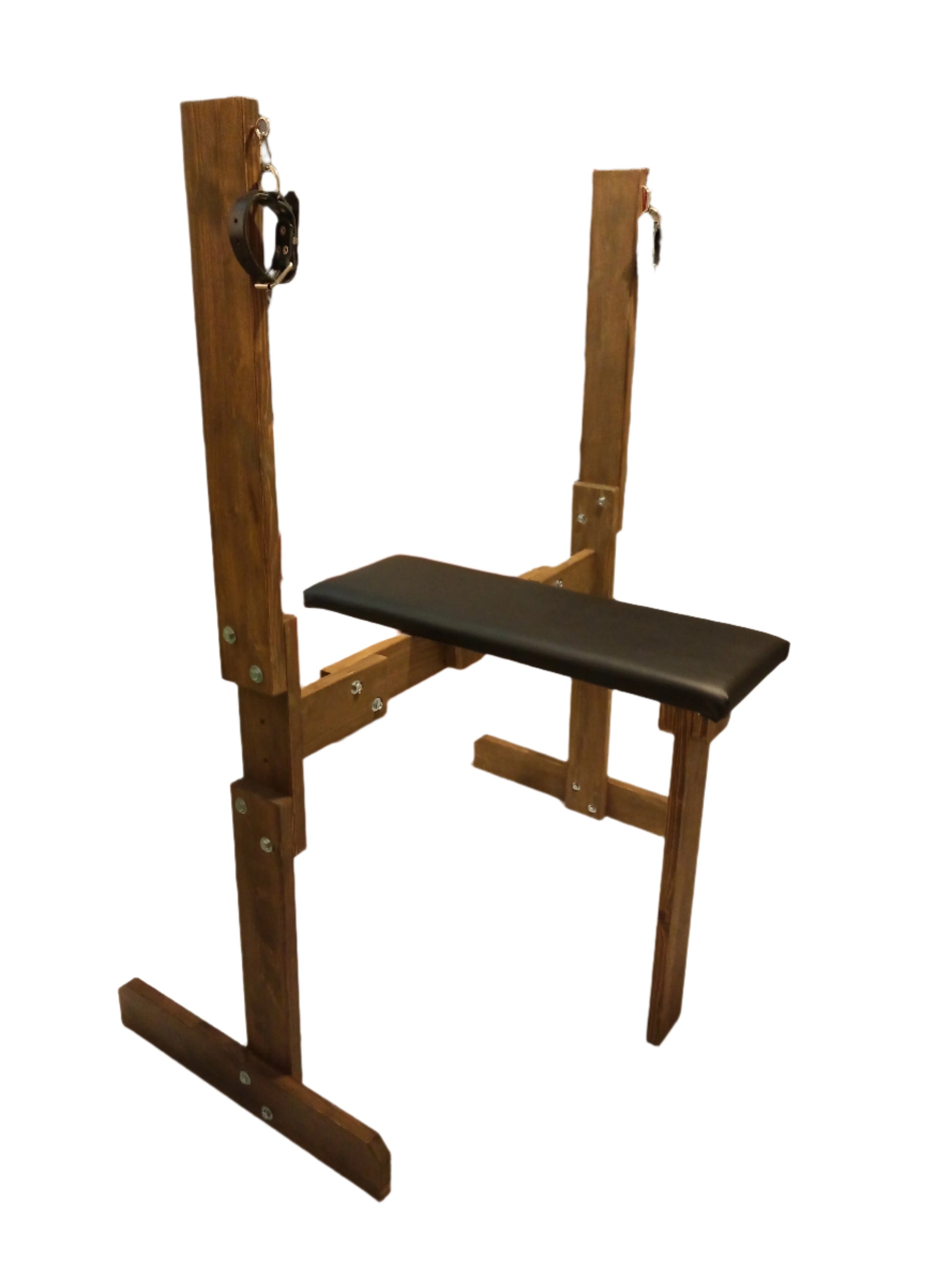 Sturdy wooden breeding bench in walnut finish for BDSM dungeon use