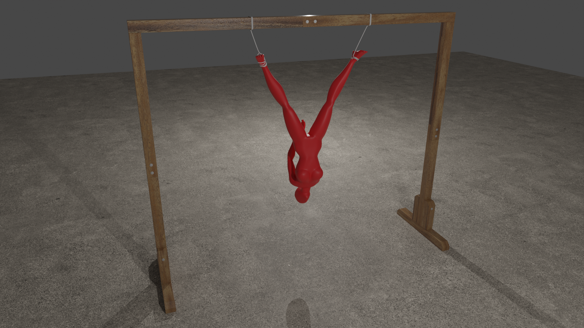 Freestanding Shibari suspension rig with modular wooden frame for rope suspension practice.