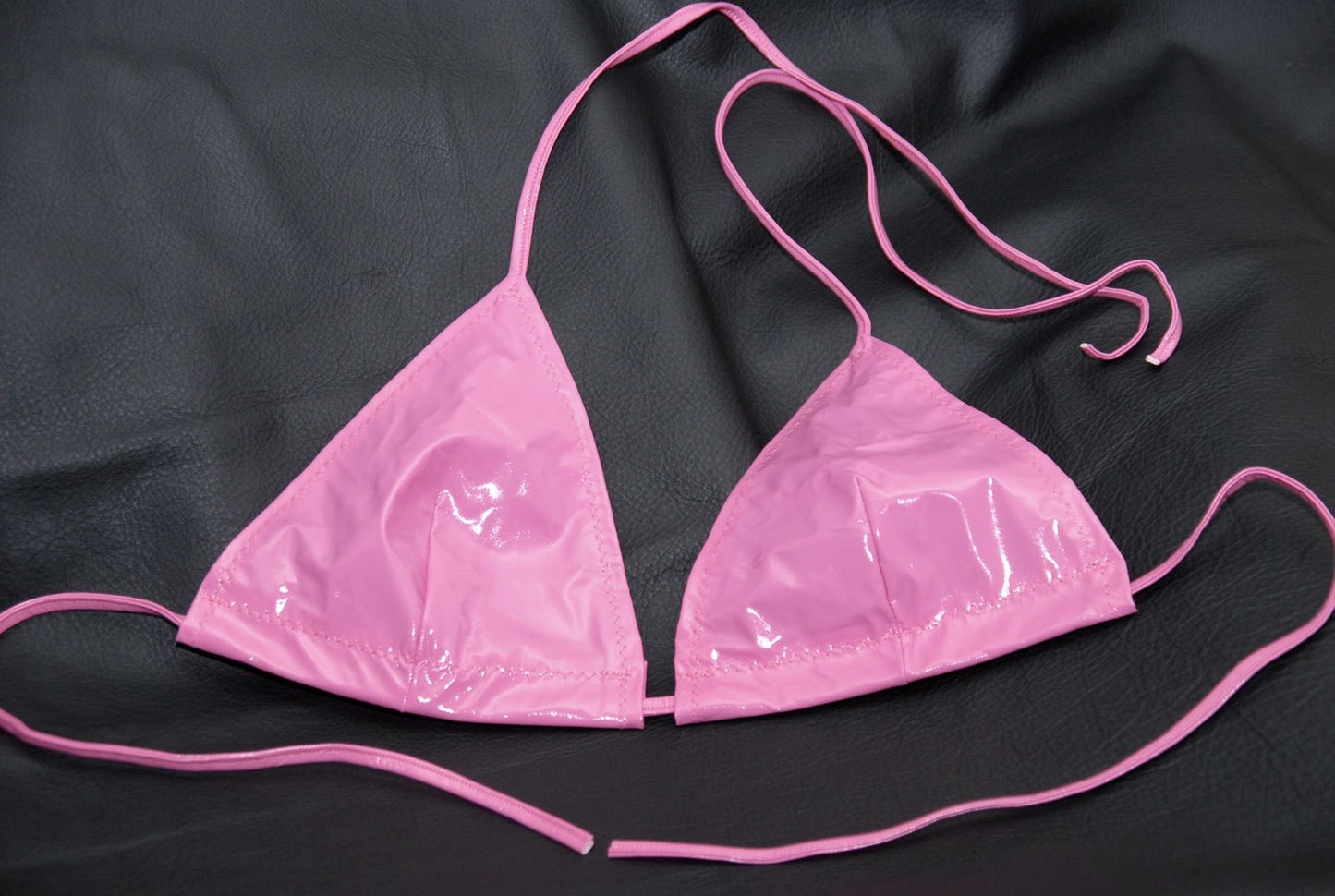 Pink Vinyl Bra, hand sewn, with cups size AA to DD and fully adjustable. Stretchy tissue. Fetish lingerie