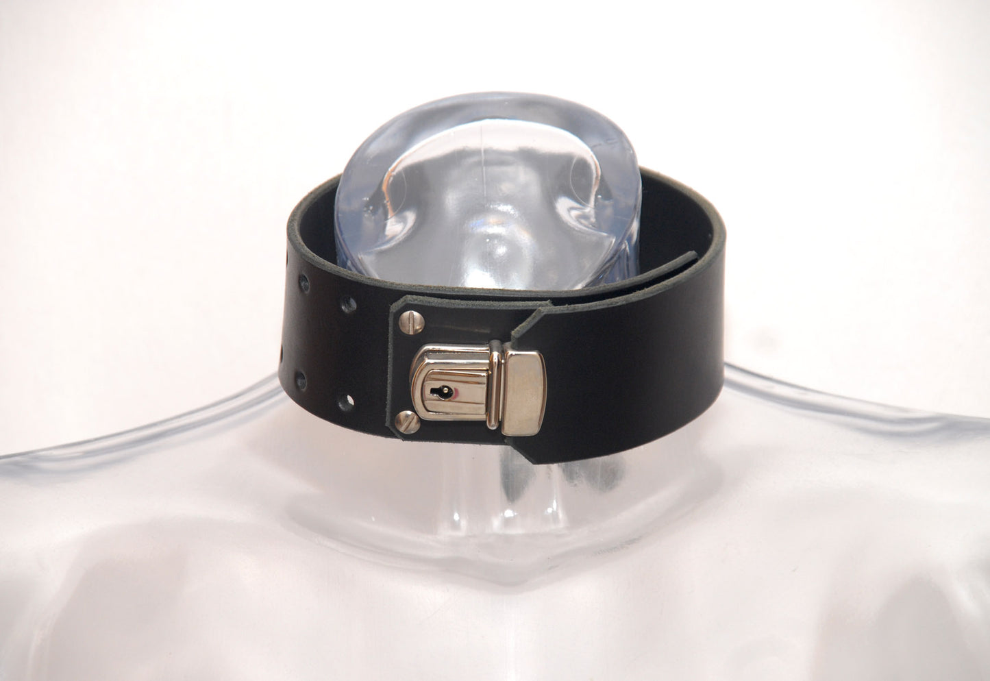 Wide 2-inch adjustable black leather collar with O-ring, lockable design for bondage and fetish play