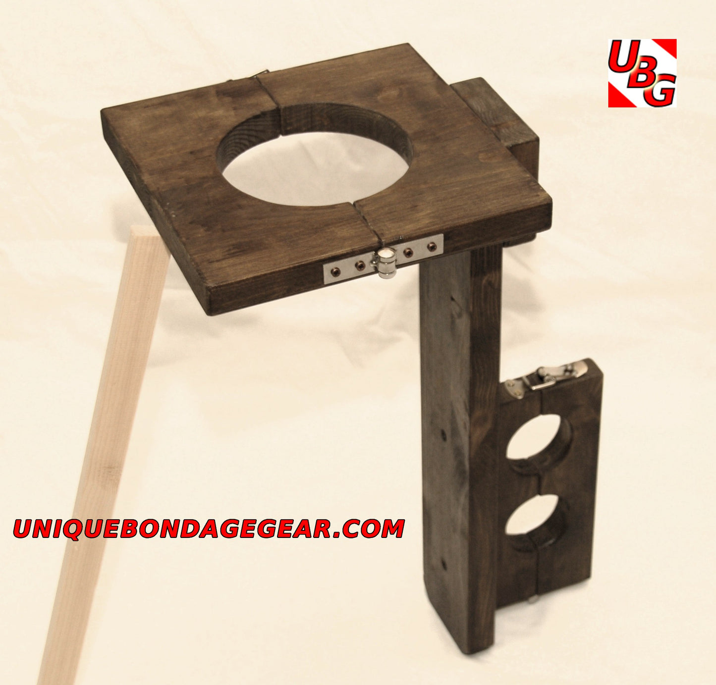 Vertical Wooden Bondage Stock – Neck and Wrist Restraint Behind the Back, Handmade in Walnut-Stained Fir Wood by UBG