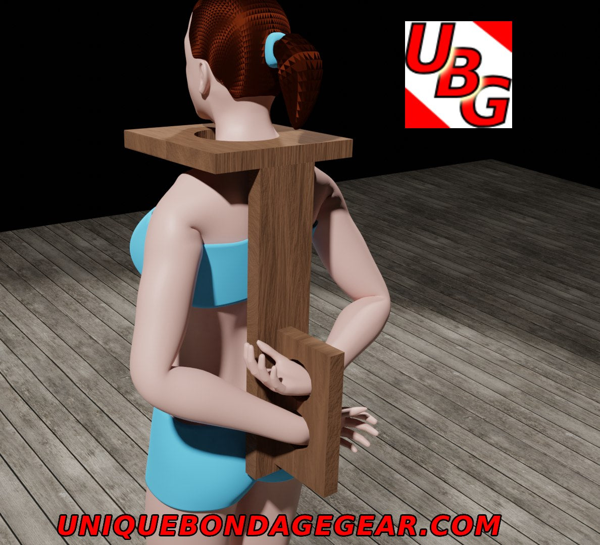 Backview of vertical bondage stock showing neck and wrist restraints in locked position – handmade in dark walnut-stained wood
