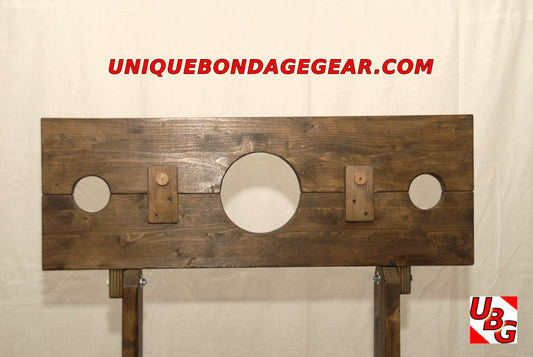 Life-size Medieval Bondage Pillory in Walnut-Stained Fir Wood – Adjustable Neck and Wrist Restraint with Locking Mechanism